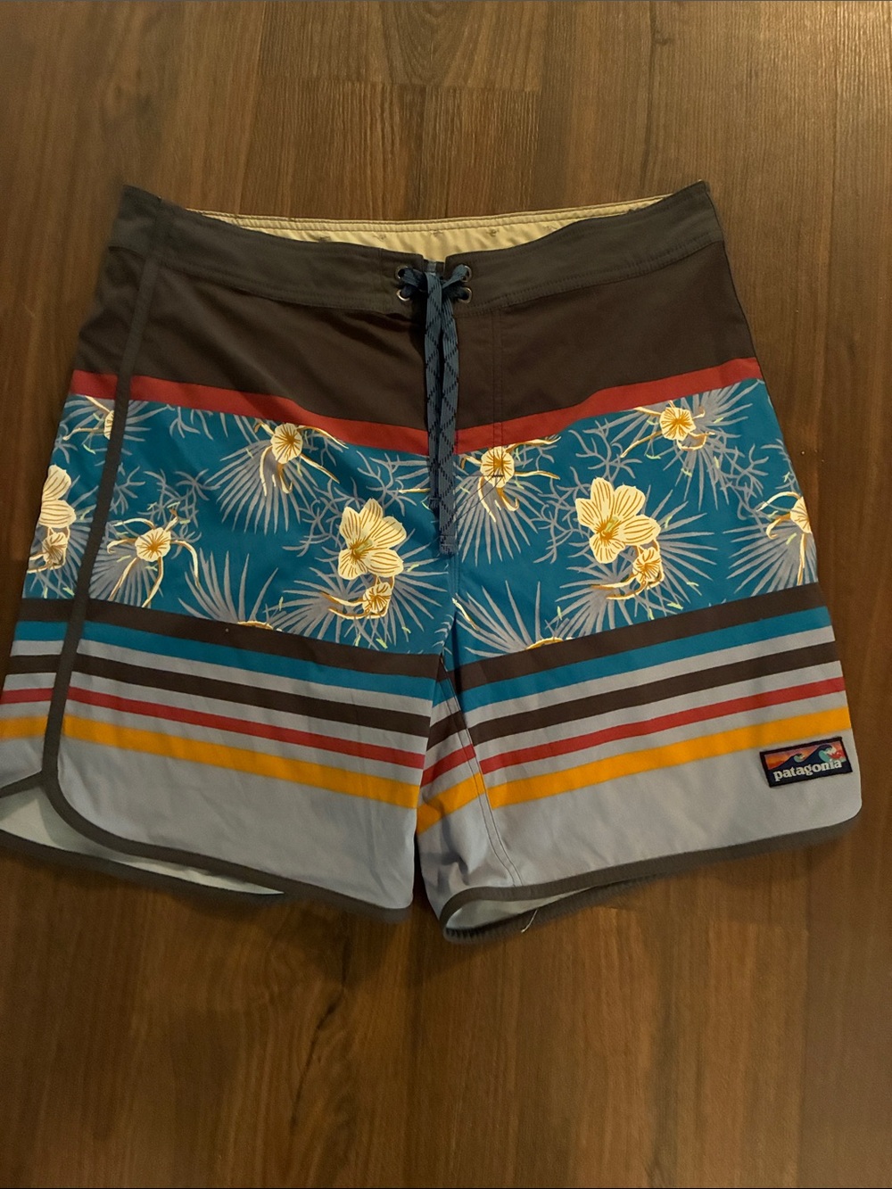 Patagonia Men's Teal Floral Stripe Boardshorts with Yellow Accents